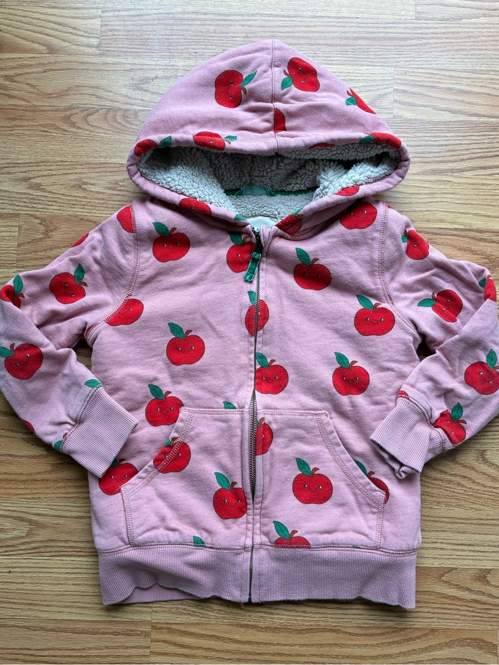 Mini Boden Fleece Lined Hooded Zip-Up Sweatshirt with Red Apple Print - Size 7-8